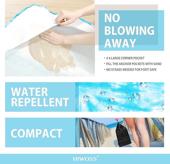 Beach Blanket Waterproof Sandproof Oversized 95”x 80”,Sand Free Beach Mat with Corner Pockets,Portable Mesh Bag for Beach Festival,Picnic,Travel and Outdoor Camping (SkyBlue)