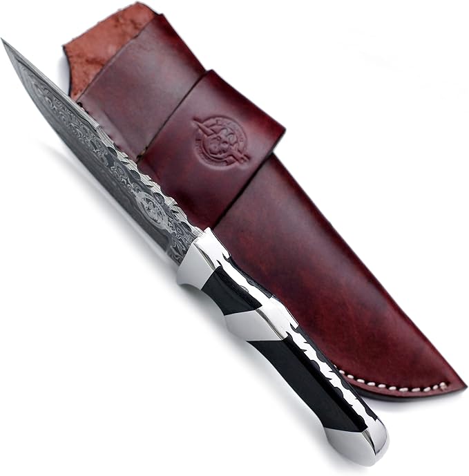 Handmade Damascus Steel Fixed Blade Bowie Knife For Edc,Hunting,Survival,Camping,Bushcraft and Fishing Fixed Blade Drop Point Blade Full Tang Micarta Handle with Cowhide-Leather Sheath -WKD-806