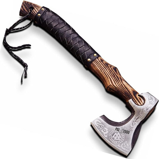 HUN-2062 Custom Handmade Viking Hatchet Axe Carbon Steel Head Bearded Camping Tomahawk Battle Ax with Sheath Ideal Gift for Men