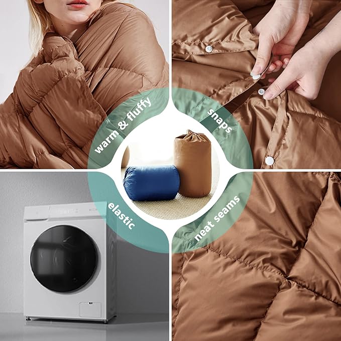 Mini Down Camping Blanket,Puffy Down Blanket Packable Lightweight Down Throw Quilt Water-Resistant Outdoor Travel Blanket for Camping,Hiking,Stadium,Picnic,Car 35x59''Brown