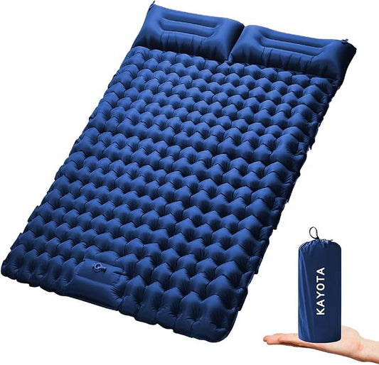 Double Sleeping Pad for Camping Inflatable 2 Person Sleeping Mat with Built-in Pump, Foot Press Ultralight Extra Thick Camping Mat with Pillow for Backpacking, Traveling, Hiking, Durable & Waterproof