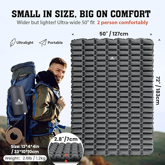 Hikenture Double Sleeping Pad,Ultralight Camping Mattress 2 Person,Backpacking Pad with Pump Sack,Inflatable Air Mat for Tent(1037-B2)