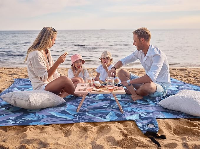 WEKAPO Beach Blanket Waterproof Sandproof Oversized, Extra Large Beach Mat Sand Free, Lightweight & Compact Sand Free Mat with 6 Stakes & 4 Corner Pockets