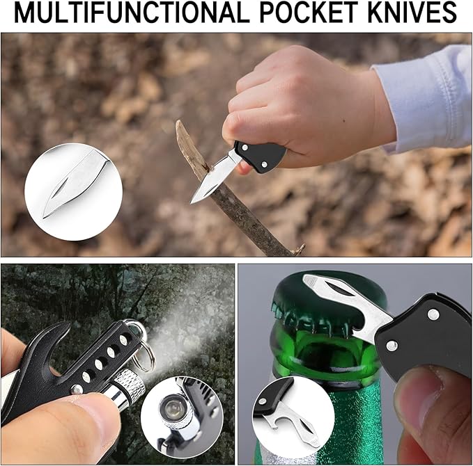 Mini Guitar-Shaped Multitool,3-in-1 Keychain Knife with Bottle Opener and Mini Flashlight,Gift for Men & Women,Set of 2
