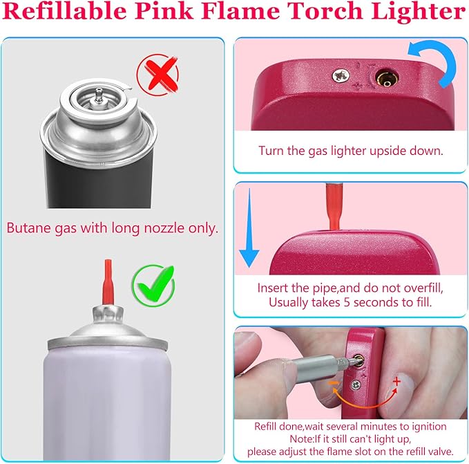 Pink Flame Torch Lighter,Cute Glitter Pink Lighter,Refillable Butane Lighter, Windproof Lighter for Outdoor Camping BBQ Candle,Nice Gift for Girls,Women on Birthday,Anniversary(1 Pack,without Butane)