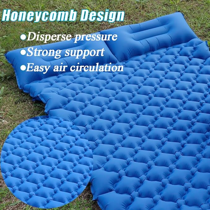 Sleeping Pad for Camping, Inflatable Sleeping Mat with Pillow, Camping Pad with Built-in Foot Pump, Lightweight Camping Mattress Pad for Car Camping, Backpacking, Tent and Hiking (Single (Blue))