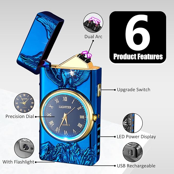 Cool Lighter with Clock Dial Electric Lighter with LED Power Display Plasma Lighter Windproof USB Rechargeable Lighter Gifts for Men Women (Eagle-Blue)