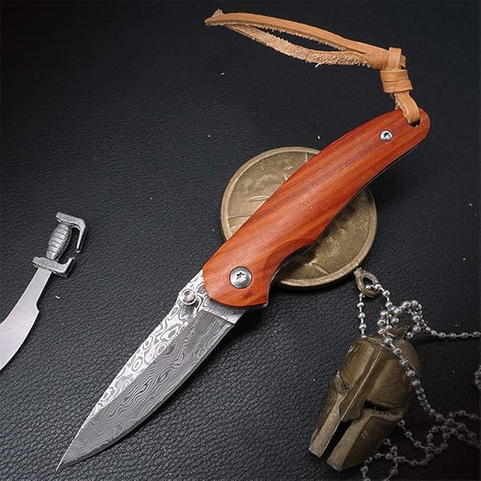 Folding Pocket Knife 2.6” Damascus Steel Blade and Natural Classic Red Sandalwood Handle Design, Outdoor EDC Portable Carry Keychain Knife