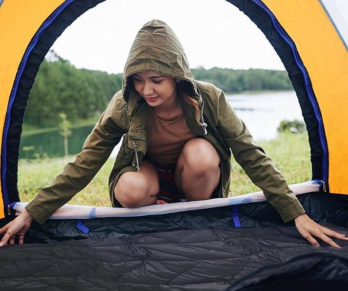 Luxurious Ultralight Down Camping Blanket | Perfect for Backpacking | Packable Puffy Outdoor Quilt with Hood & Pad Straps | Ideal for Travel Camping & Soccer Moms | 80x54 Black