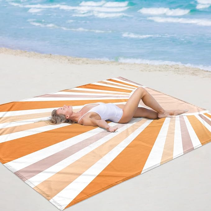 Beach Blanket Waterproof Sandproof, 78''×86'' Large Bohemian Picnic Blankets for 2-4 Adults, Lightweight & Compact 210T Polyester Beach Mat Sand Free w/ 4 Stakes & 4 Corner Pockets-Orange Sun