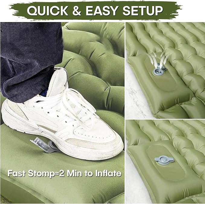 Camping Double Sleeping Pad - Fast 60s Foot Pump Inflatable Air Mattress, Ultralight Durable Ergonomic Egg-Shaped Mat, Built-in Pillow, Ideal for Backpacking