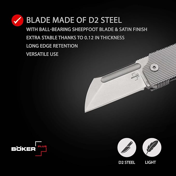 BÖKER PLUS® BabyX Flipper Steel - ball bearing EDC mini pocket knife with D2 Sheepfoot blade - small folding knife with stainless steel handle and clip - Pocket Knife in gift box