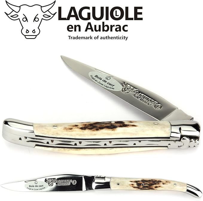 Laguiole en Aubrac Handmade Knife 11 cm L0211BCIFI Deer Horn Handle, Blade and bolsters Stainless Steel Shiny
