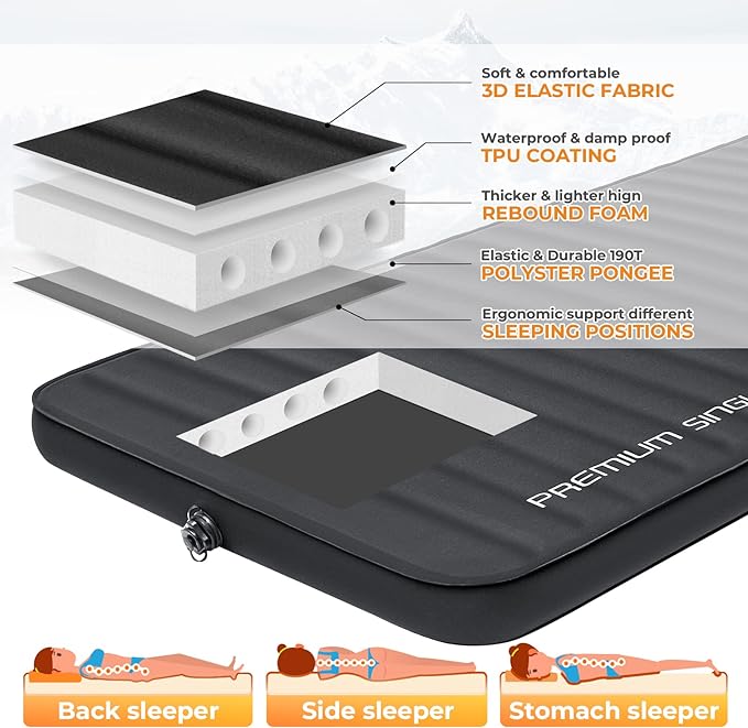 KingCamp Self Inflating Sleeping Pad for Camping Ultra Thick Double Single Foam Mattress High R Value Camping Air Pad Mat, Multi Colors & Sizes