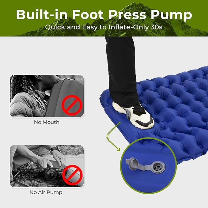 ATEPA Sleeping Pad for Camping Backpacking, Ultralight Inflatable Camping Air Mattress with Built-in Foot Pump & Pillow, 77"X27"Waterproof & Compact Sleeping Mat Navy Blue
