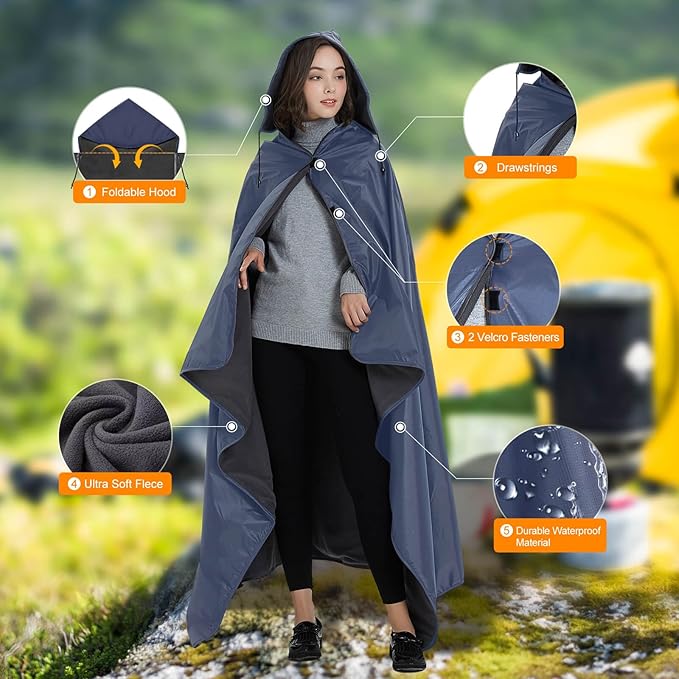 DOBYE Hooded Stadium Blanket, Large Waterproof Outdoor Fleece Blanket, Windproof Wearable Portable Warm Mat for Camping