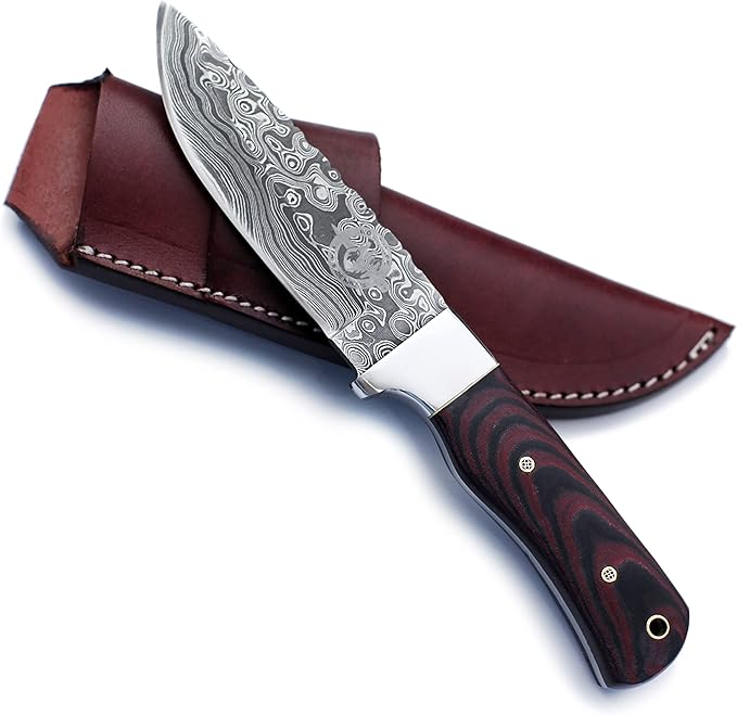 Handmade Damascus Steel Knife Bowie for Hunting,Survival,Camping,Bushcraft,and Fishing Fixed Blade with Drop Point Full Tang Micarta Handle,Leather Sheath - WKD-778