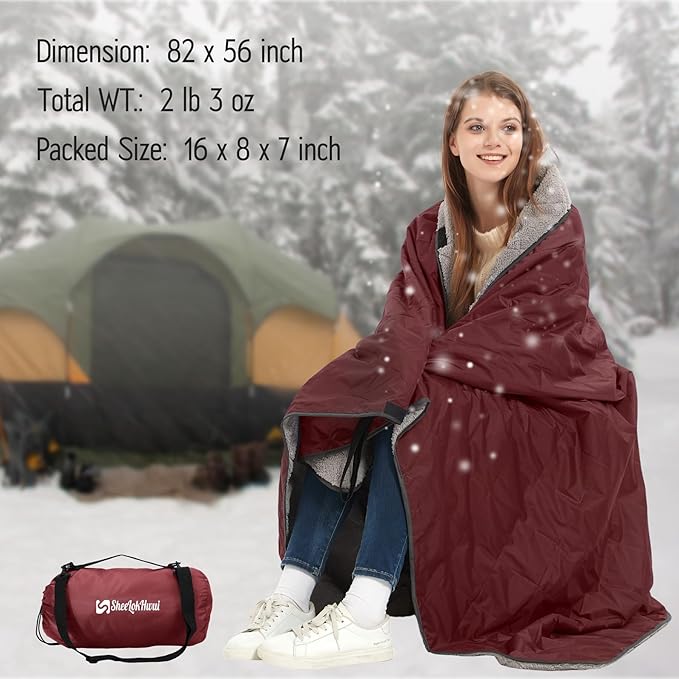 Outdoor/Indoor Sherpa Blanket, Oversized Waterproof Stadium Blanket for Cold Weather. Warm, Soft, Portable, Great for Stadium, Sports Events, Camping, Indoor - 82x56in., Antique Ruby