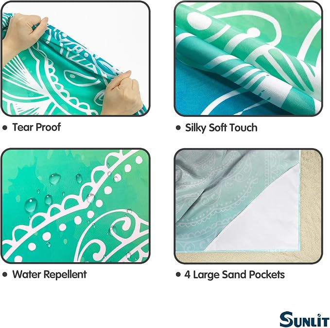 Sunlit 10'x9' Extra Large Boho Sand Proof Beach Blanket, Sand Proof Mat with Corner Pockets and Mesh Bag for Beach Party, Travel, Camping and Outdoor Music Festival, Bright Turquoise Mandala