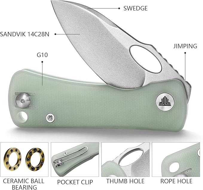Pocket Knife for EDC,2.04in 14C28N Steel Blade,Jade G10 Reversible Deep Carry Clip Handle,Folding Thumb Hole Knives for Men and Women，Andromeda -03