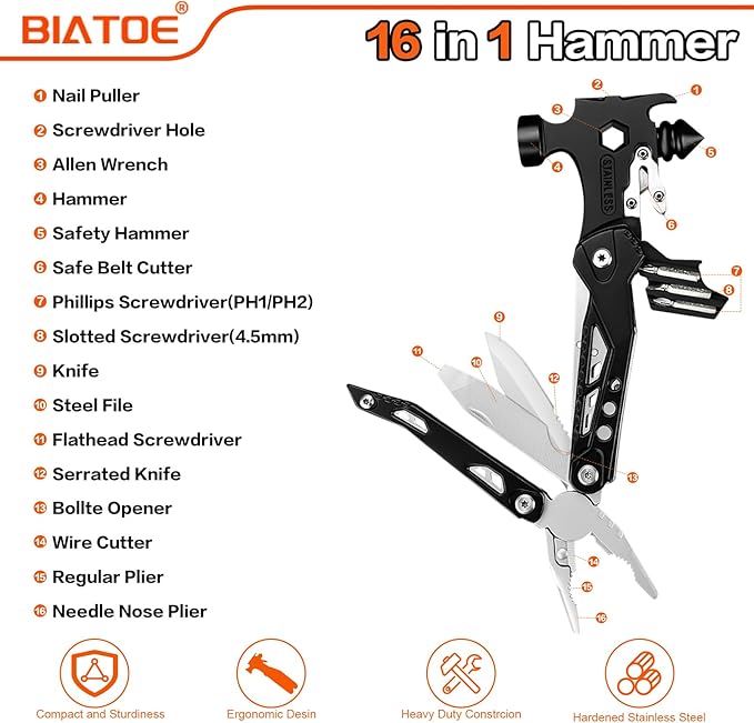 Hammer Multitool: 16 In 1 Multi Tool Hammer Camping Gear - Gifts for Men Boyfriend Husband Father, Cool Gadgets, Small Hammer with Screwdriver Bits Set for Camping Outdoor Home DIY Use