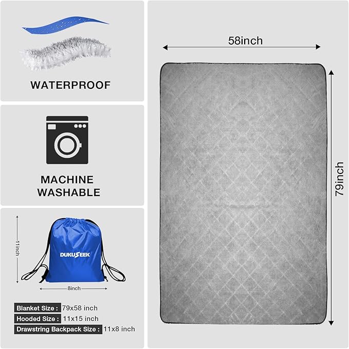 DUKUSEEK Sherpa Waterproof Outdoor Blanket, Large Sherpa Hooded Stadium Blankets for Cold Weather, Portable Wearable Camping Blankets for Concerts, Grass, Car, Boat, Pets, Sporting Events，79x59