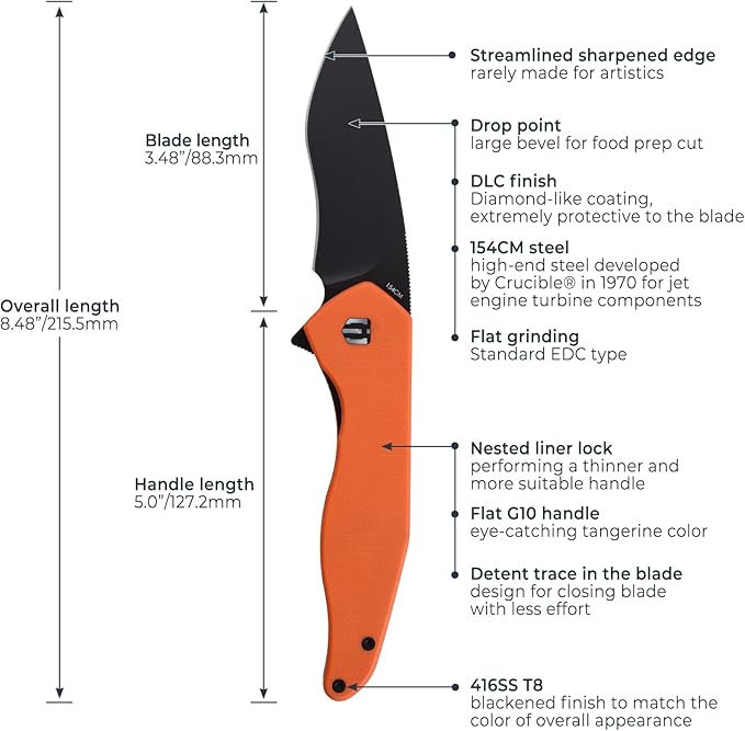 Viper Pocket Knife Black DLC Finish 154CM Steel Blade G10 Handle Nested Liner Lock Folding Knife Qualified as Outdoor Knife (Black Blade)