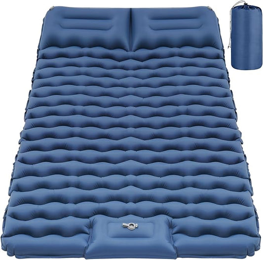 Double Sleeping Pad for Camping, Blue Inflatable Sleeping Mat with Pillow, Ultralight 2 Person Camping Pad with Built-in Foot Pump for Backpacking, Hiking, Tent, Portable Camping Mattress