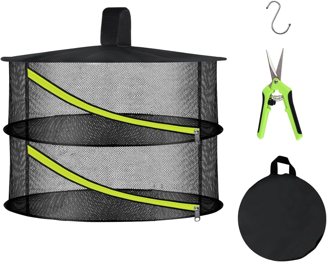 2 Layer Herb Drying Rack, Hanging Mesh Net, Foldable Plant Drying Rack with Diagonal Zipper, Garden Trimming Shears and Hooks, for Drying Herbs Plants, Fruits, Seafood, Clothing(2 Layers-23.62'')