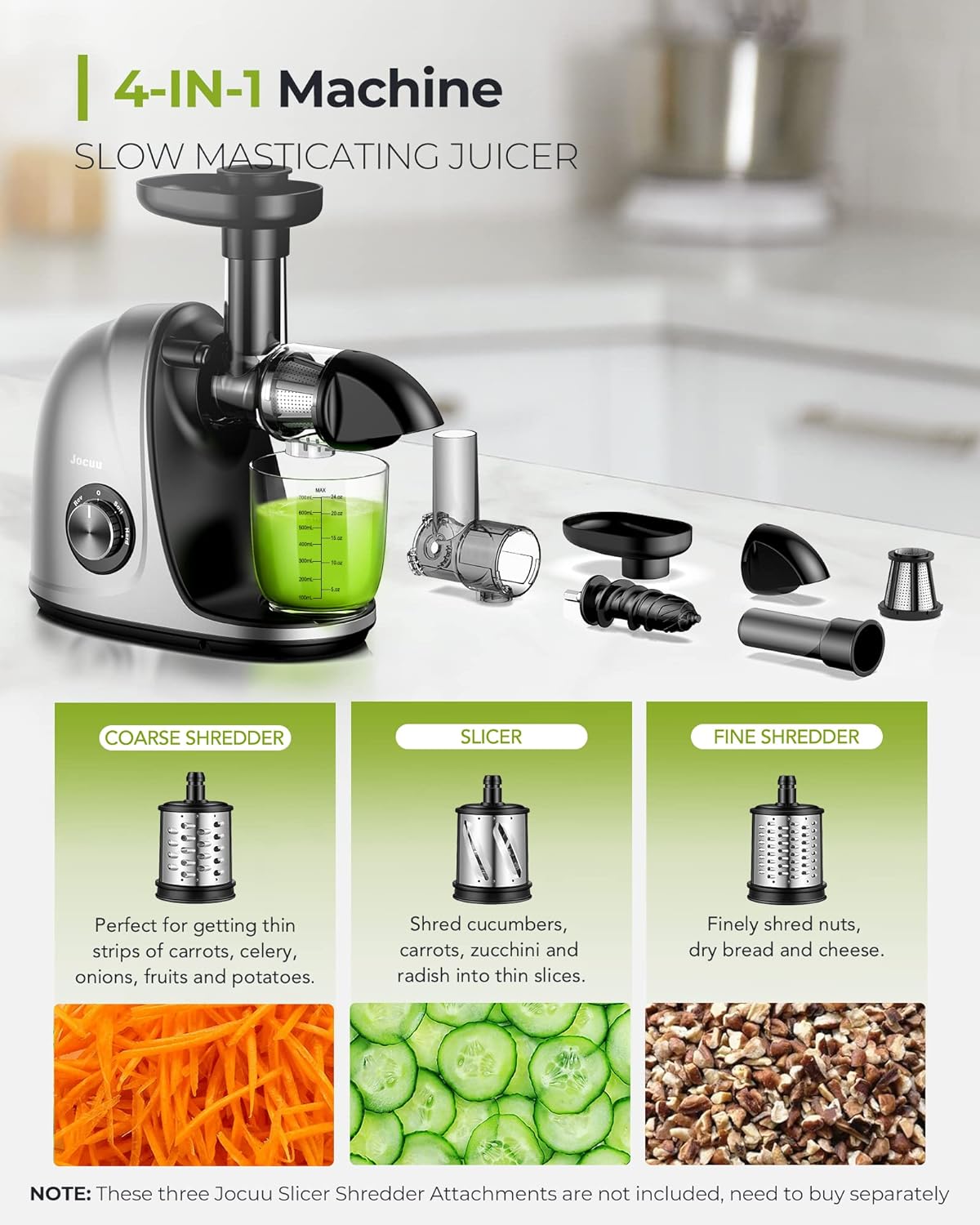 Jocuu Slow Masticating Juicer with 2-Speed Modes - Cold Press Juicer Machine - Quiet Motor & Reverse Function - Easy to Clean Juicer Extractor - Juice Recipes for Fruits & Vegetables (Black)