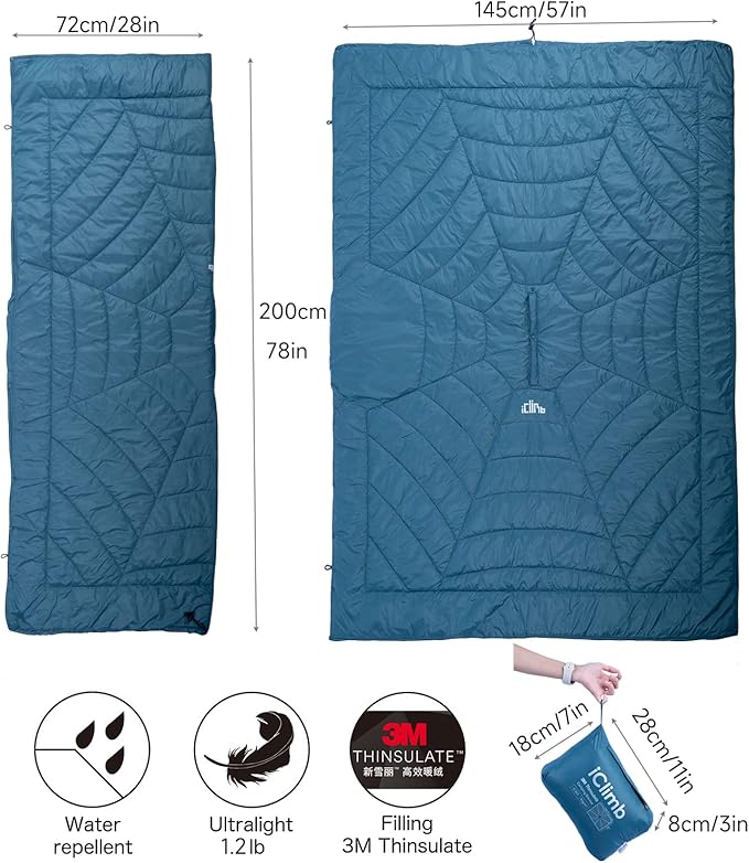 iClimb Hooded 3M Thinsulate Insulation Warm Camping Blanket Wearable Poncho Ultralight Compact (Blue)