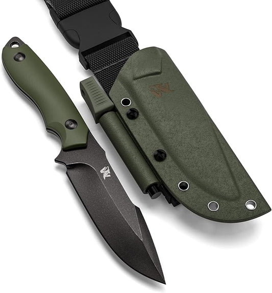 AMBULO Fixed Blade Survival Knife with Kydex Sheath and Fire Starter - Bushcraft Knife Full Tang - Made of strong D2 Steel - Hunting Knife with Belt Loop and G10 Handle - Full Tang Knife
