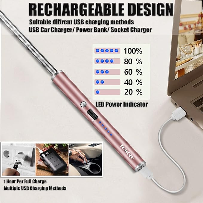 Lighter, Rechargeable Candle Lighter Grill Lighter Electric Arc Lighter with Flexible Neck, LED Battery Display Safety Switch for Candle Camping Cooking BBQs Fireworks (Pink)