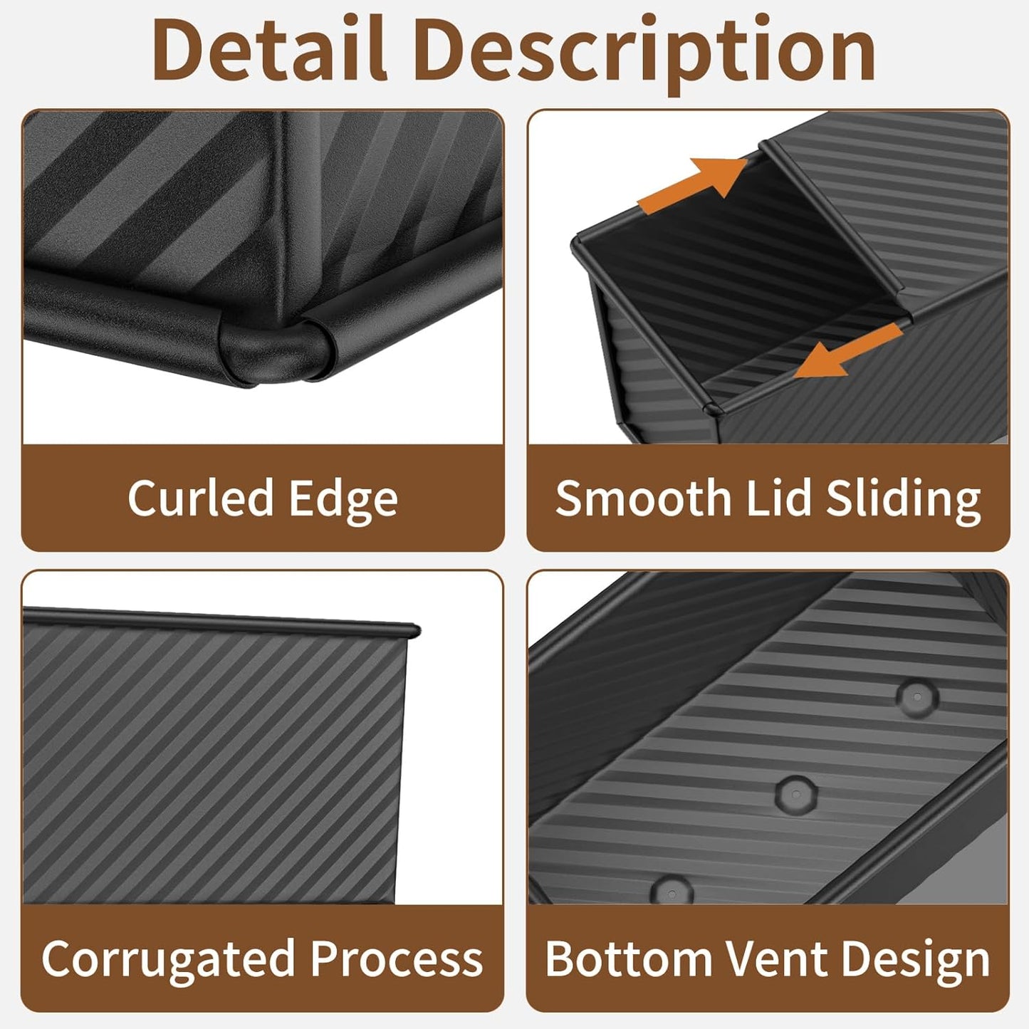 2 PCS Pullman Loaf Pan with Lid, 1.2Lb & 0.67 Lb Dough Capacity Non-Stick Bread Pans for Homemade Bread, Carbon Steel Bread Loaf Pans, Bakeware for Baking Sandwich and Toast, Black