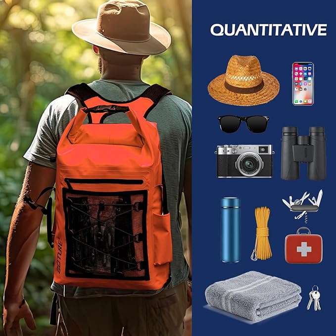 Goture Dry Bag Waterproof Backpack,20L Fishing Tackle Bag with Rod Holder,Padded Shoulder Straps and Air Exhaust Valve,500D PVC Dry Sack Bag with Phone Case for Kayaking,Boating,Fishing,Travel