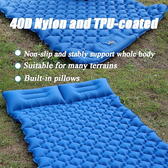 Sleeping Pad for Camping, Inflatable Sleeping Mat with Pillow, Camping Pad with Built-in Foot Pump, Lightweight Camping Mattress Pad for Car Camping, Backpacking, Tent and Hiking (Single (Blue))