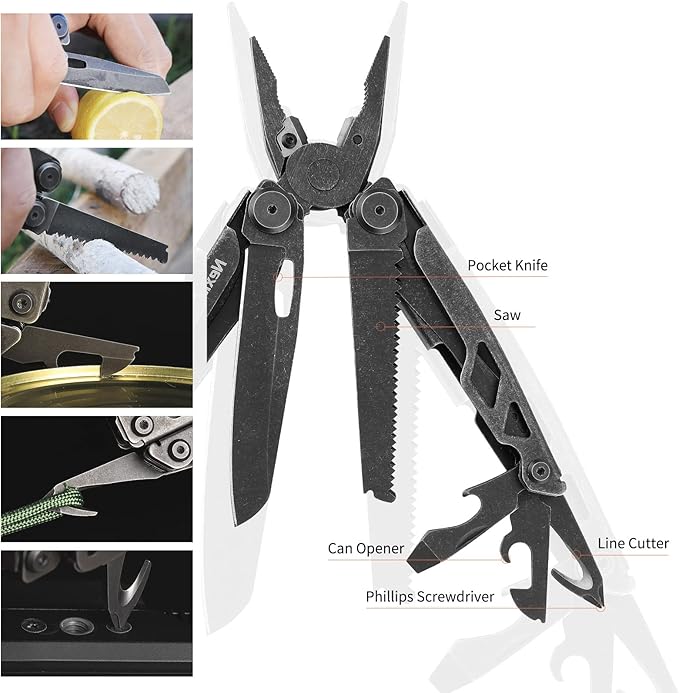 NexTool Heavy Duty Multitool, Spring-Action Multitool Pliers with Pocket Scissors,Replaceable Wire Cutters,Nylon Sheath, Folding Multitool Knife with Safety Lock for Camping Survival Home Repair DIY