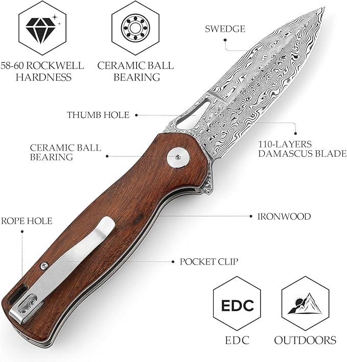 Knives - Crateris-01 | 3.38" Damascus Pocket knife for Men with Clip，Folding Knife Button Lock & Flipper,Ironwood Scales for EDC Camping Tool（ Polished Blade）