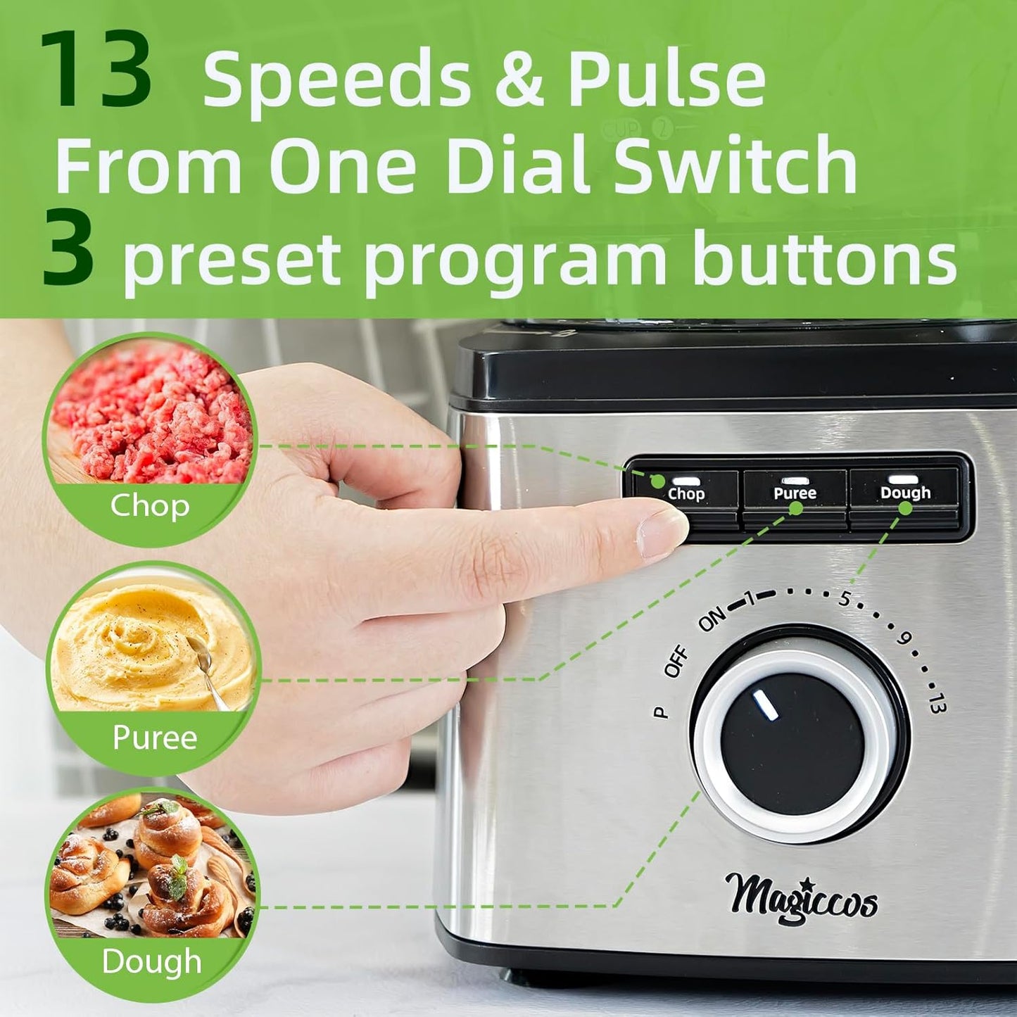 14-Cup Lemon Slicer Food-Processor - Large Feed Chute, 13 Speeds & Pulse, 3 Programs，Cheese Shredding, Cutting Fries, Meat Chopping, Shredding and Slicing, Mixing and Doughing, for Home Use