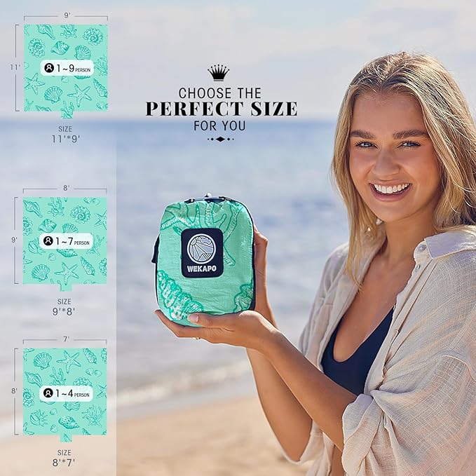 WEKAPO Beach Blanket Waterproof Sandproof Oversized, Extra Large Beach Mat Sand Free, Lightweight & Compact Sand Free Mat with 6 Stakes & 4 Corner Pockets