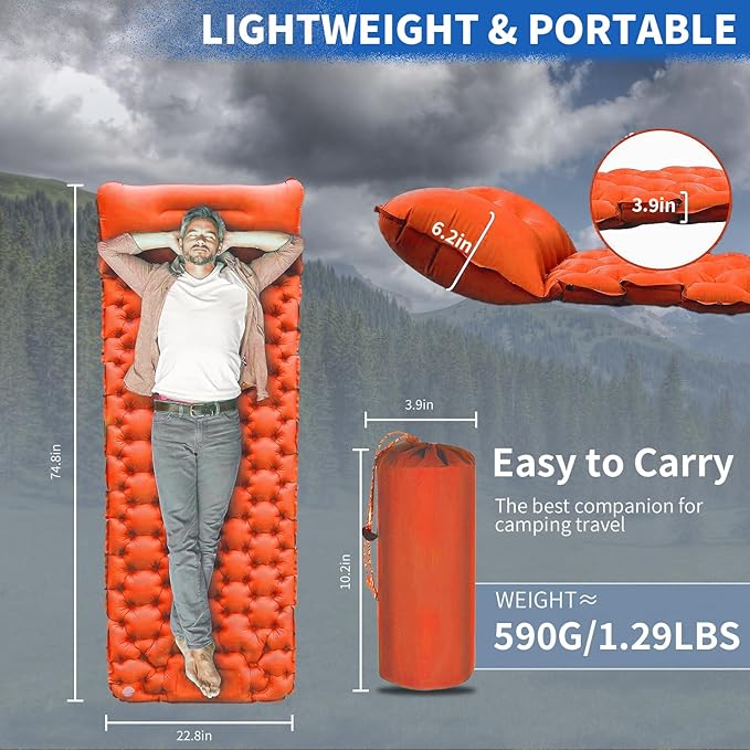 DDD Ultra-Light Inflatable Camping Sleeping Pad with its Built-in Foot Pump and Pillow - The Ultimate Camping pad, Hiking pad, Backpacking Pad and Lightweight for a Outdoor Sleep——Orange