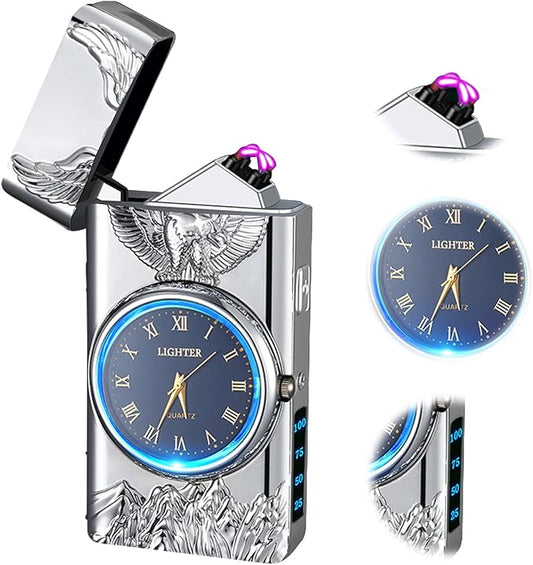 Plasma Lighter USB Rechargeable Electric Lighter Windproof Arc Lighter with Clock dial time Display Cool Lighter for Men（Silver）