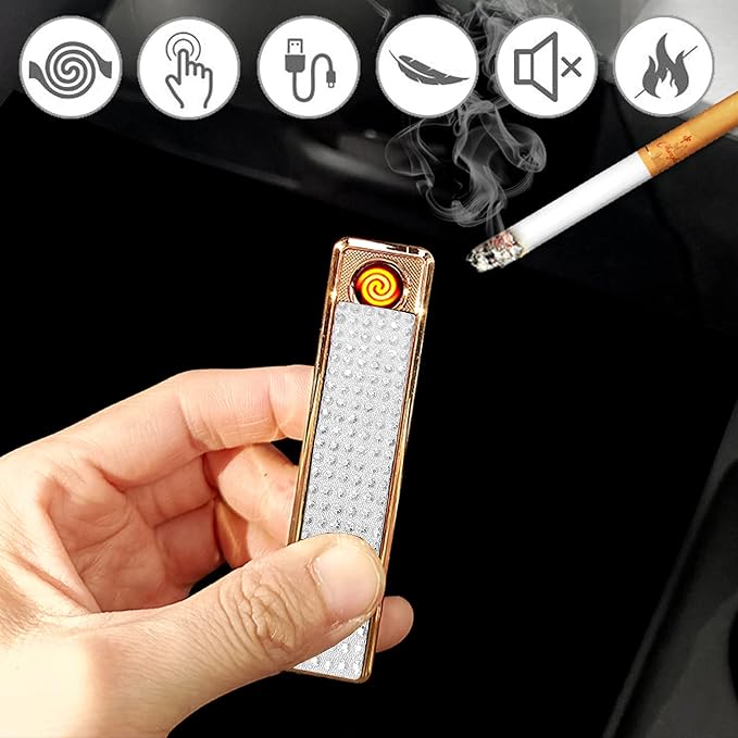 Rhinestone Lighter Electric Lighter Rechargeable Bling Glitter USB Lighter Flameless Girls Lighter for Women (White Sliver)