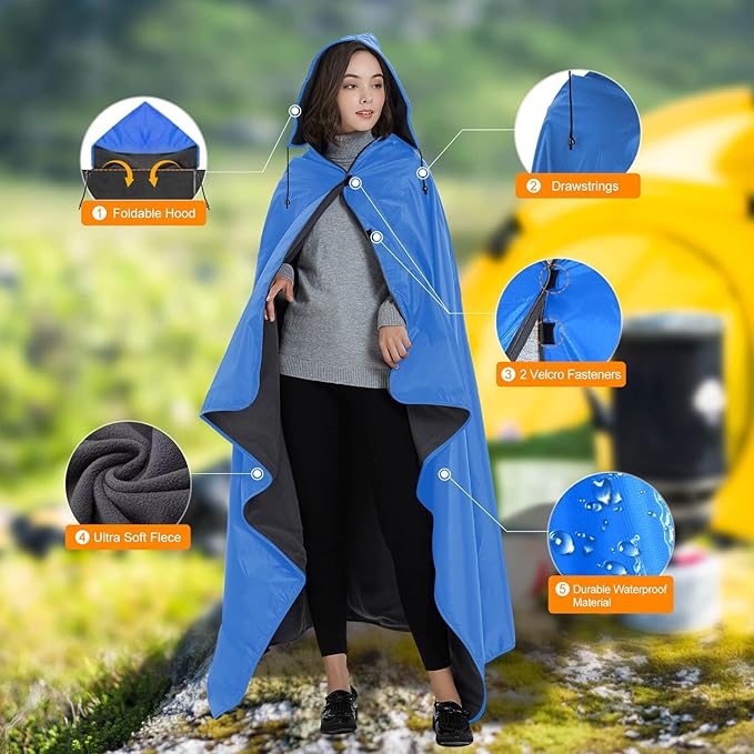 DOBYE Hooded Stadium Blanket, Large Waterproof Outdoor Fleece Blanket, Windproof Wearable Portable Warm Mat for Camping