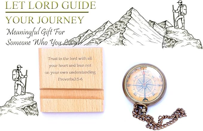 Trust in The Lord with All Your Heart - Proverbs 3: 5-6 Quote Engraved Compass with Wooden Stand, Christian Gift for Men for Women God's Compass Baptism Gifts | Graduation Gifts 2025 | Desk Decor