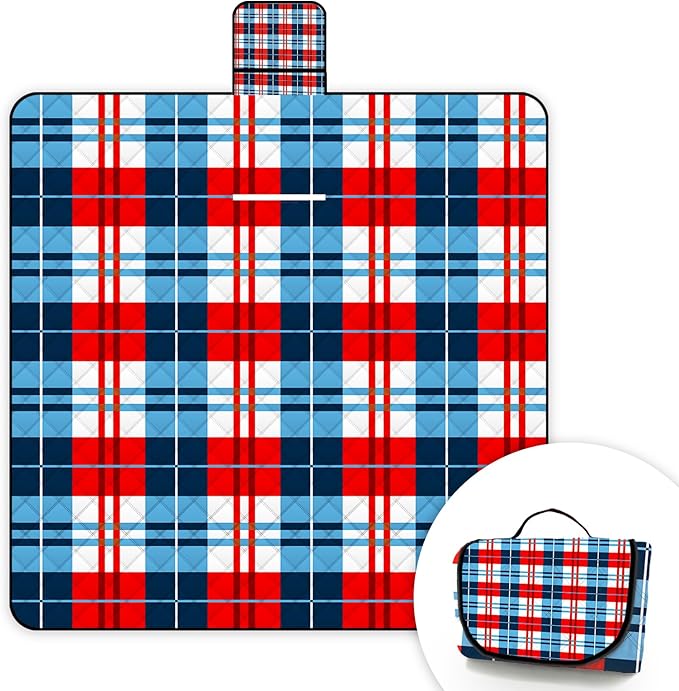 Portable Waterproof Picnic Blanket,Picnic Blankets Extra Large Outdoor 80"x80", Machine Washable, Extra Large Picnic Mat for Grass Concert, Park, Lawn,Travel,Blue Red White Gingham