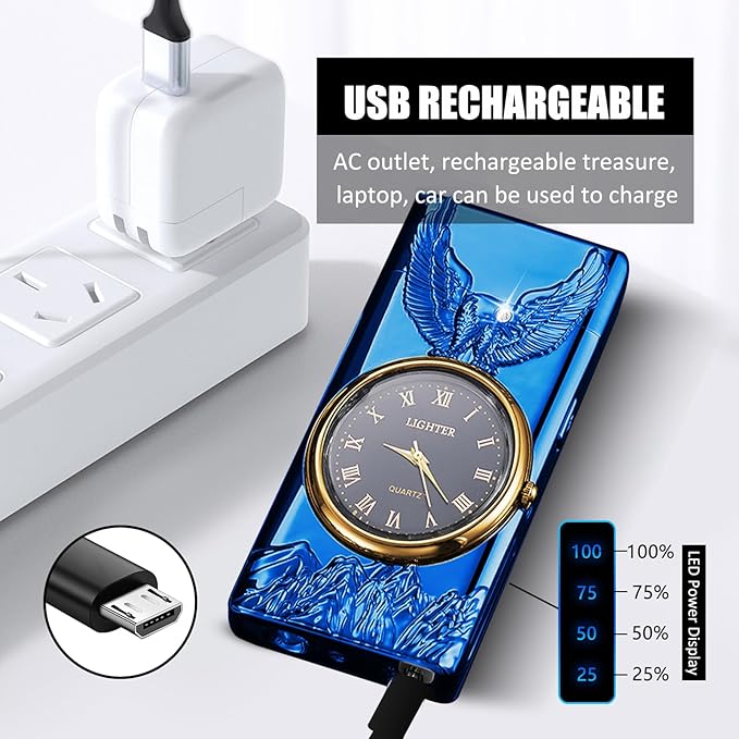 Cool Lighter with Clock Dial Electric Lighter with LED Power Display Plasma Lighter Windproof USB Rechargeable Lighter Gifts for Men Women (Eagle-Blue)