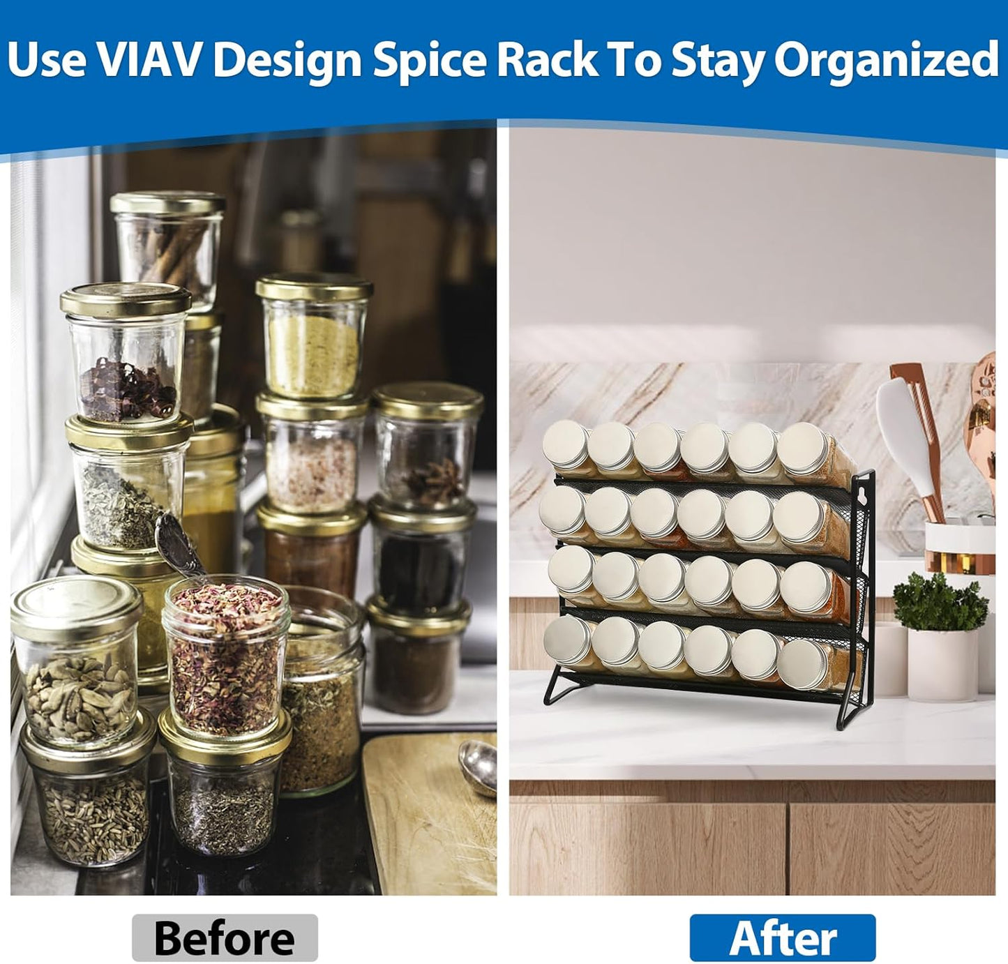 1PCS 4Tier Spice Rack for Counter Free Standing,Spice Rack for Inside Cupboard Hanging Wall Mounted Spice Seasoning Organiser Spice Jars Bottle Organizer for Kitchen Pantry（Black）