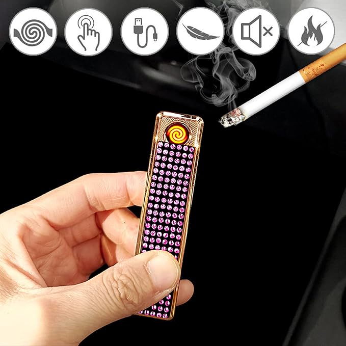 Rhinestone Lighter Electric Lighter Rechargeable Bling Glitter USB Lighter Flameless Girls Lighter for Women (Pink)