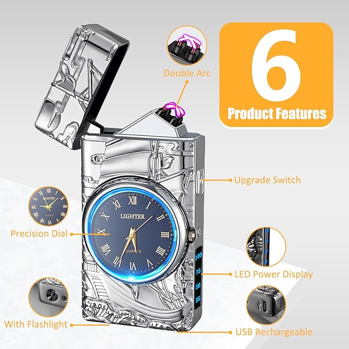 Cool Lighter with Clock Dial Electric Lighter with LED Power Display Plasma Lighter Windproof USB Rechargeable Lighter Gifts for Men Women (Sailboat-Silver)